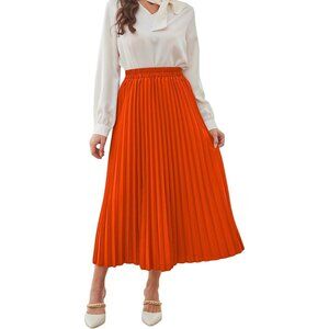 Women Burnt Orang Casual Solid Longline Pleated Long teacher outfits Maxi Skirt
